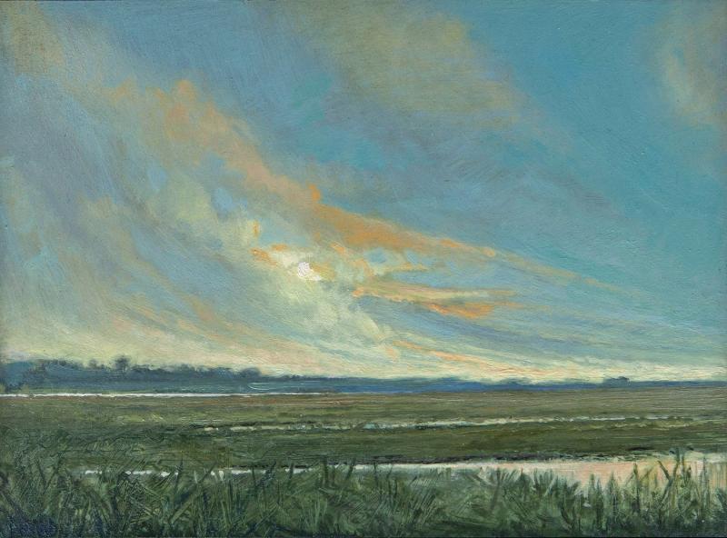 “Sky Lights and Marsh,” - 7’’ x 9 1/2” oil painting by Crista Pisano. See this piece and others in her show at Sylvan Gallery of Wiscasset. Crista Pisano