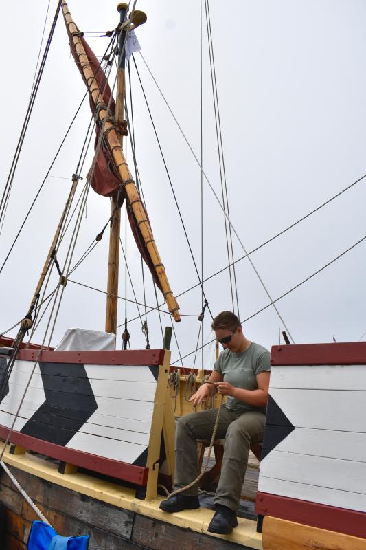 Rowan Blaiklock, a volunteer with Virginia, helps mend rope. FRITZ FREUDENBERGER/Boothbay Register
