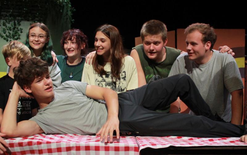 Heartwood summer camp students to perform the hilarious "Scapino!" July 14 and 15 in the Poe Theater at LA. Pictured are, front: Nathaniel Hufnagel; back, from left, Finn Sullivan, Cadence Balbo Towle, Liliana Kress, Maia Clancy, Felix Cunningham and Joseph Levesque. Go to heartwoodtheater.org for details. Courtesy of Heartwood