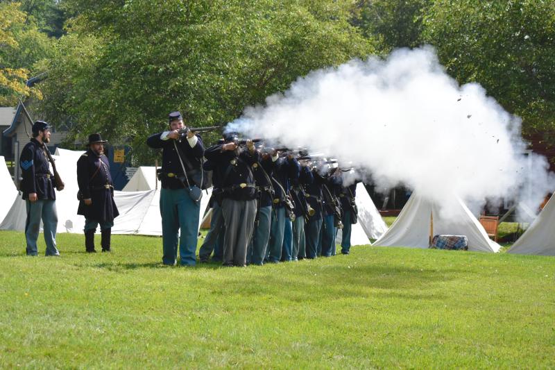 The Third Maine Infantry Company A practices musket drills at Boothbay Railway Village Museum Aug. 26. FRITZ FREUDENBERGER/Boothbay Register
