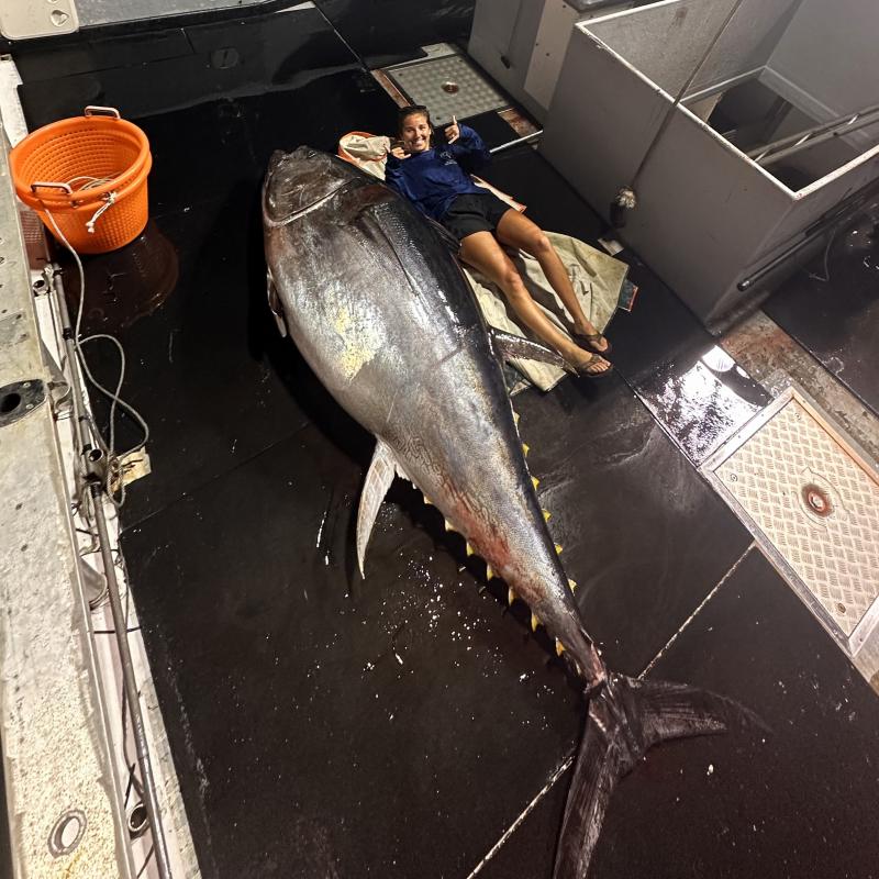 Boothbay Harbor Tuna Challenge organizer Jax van der Veen poses with the winning tuna aboard the Redemption. Courtesy of Jax van der Veen