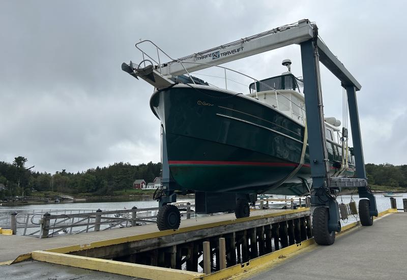 Hauling a large boat at Hodgdon Yachts before Hurricane Lee. Courtesy photo