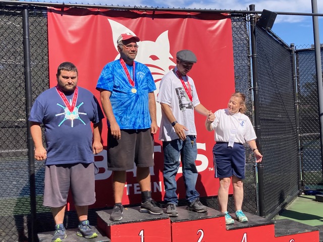 Ronda LeConte, right, on the medal stand. Courtesy of Toby LeConte