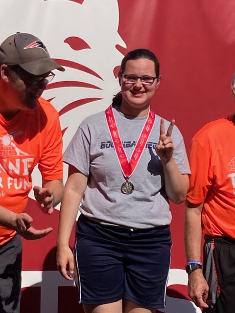 Valerie Giles on the medal stand. Courtesy of Toby LeConte
