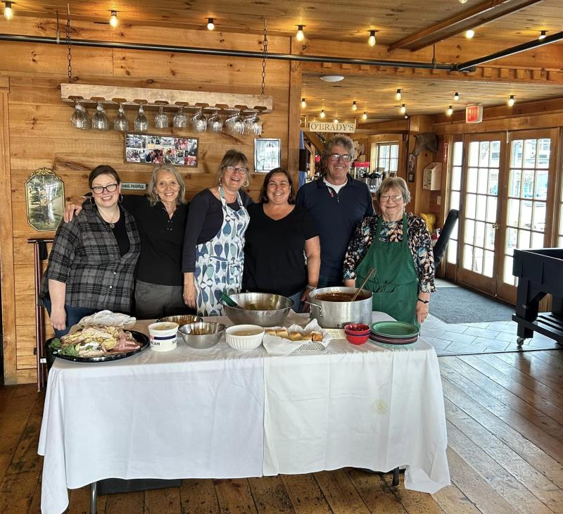 Ready to serve the first Community Lunch of the season at Brady’s are, from left, Jennifer Adams, Kris Ward, Betty Jeanne Maddocks, Lisa Hallinan, Sewall Maddocks and Tancy Mitchell. Jen Mitchell photo