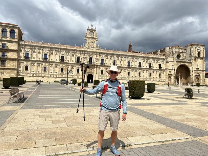 Mark Spencer’s “I did it!” photo with the Santiago de Compostela Cathedral in the background. Courtesy photo
