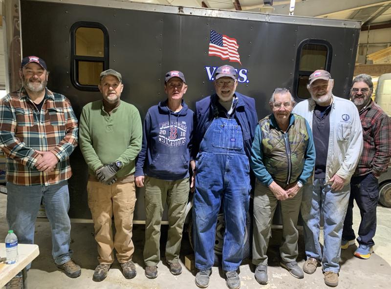 These V.E.T.S,. Inc. volunteers began training five Mountain View Correctional Facility (Charleston) residents Jan. 23 in building campers for homeless veterans. Pictured, V.E.T.S, Inc. volunteers, from left, Brad Drummond, John Briggs, Chris Goodwin, Ed Harmon, Arthur Richardson, John Hargreaves and Dan MacWalters. BILL PEARSON/Boothbay Register