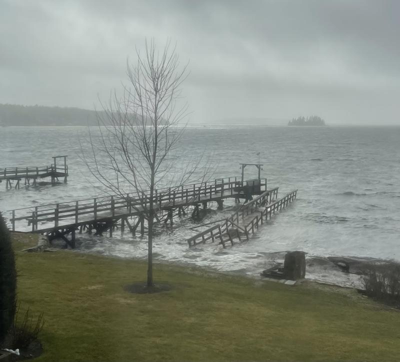 Chris Flower’s photo of pier that washed up next to his, with the dinghy still on it. Blake’s pulled the drifting pier back to the yard. Courtesy of Amy Goodwin, Blake's Boatyard