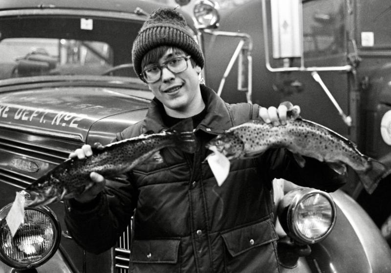 Johnny Pitcher of Alna holds up his catch of the day at Wiscaset Fire Department’s 1981 Ice Fishing Derby. PHIL DI VECE photo