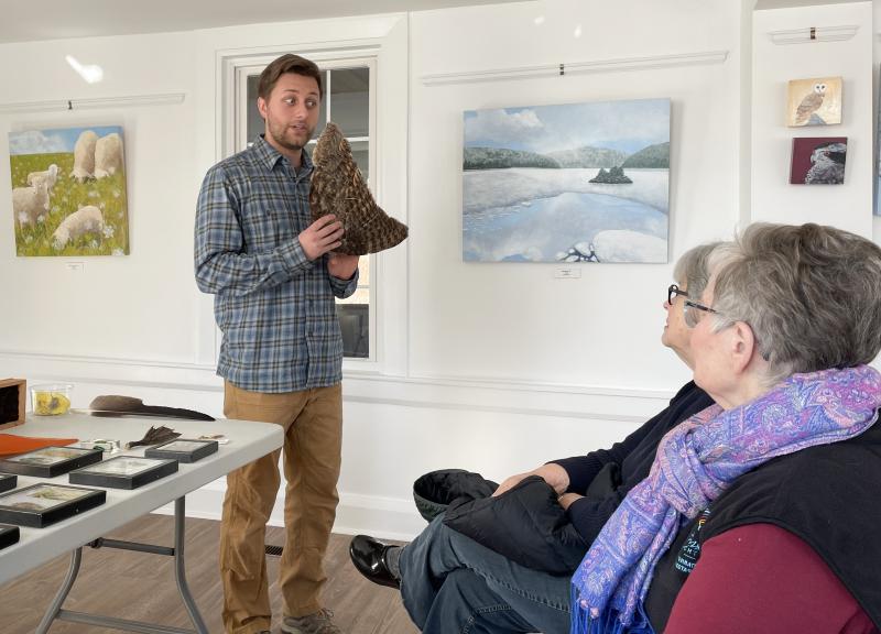 Tyler Pascocello explains how the fringed edges of owl wings help them fly almost silently. FRITZ FREUDENBERGER/Boothbay Register