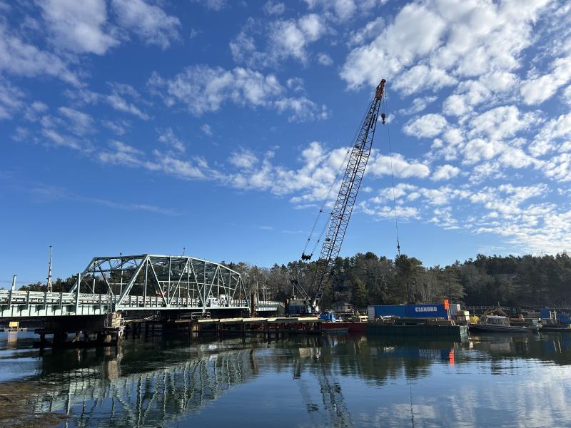 The Southport Bridge south side. The barge has been present throughout the winter as a staging platform for the crane and workers. JENNY BENNETT/Boothbay Register