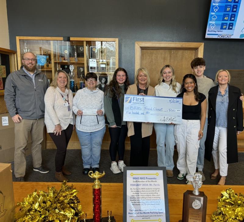 Pictured from left are: Adam Climo of First National Bank, Aminda LaBrecque of the BRHS Health Center, Christina Lorrain of BRHS, senior Meg Sledge, BRHS Principal Dr. Tricia Campbell, senior Charlotte Fuchswanz, senior Ariel Alamo, BRHS student body president Colby Allen and Alyssa Allen of First National Bank. Courtesy photo