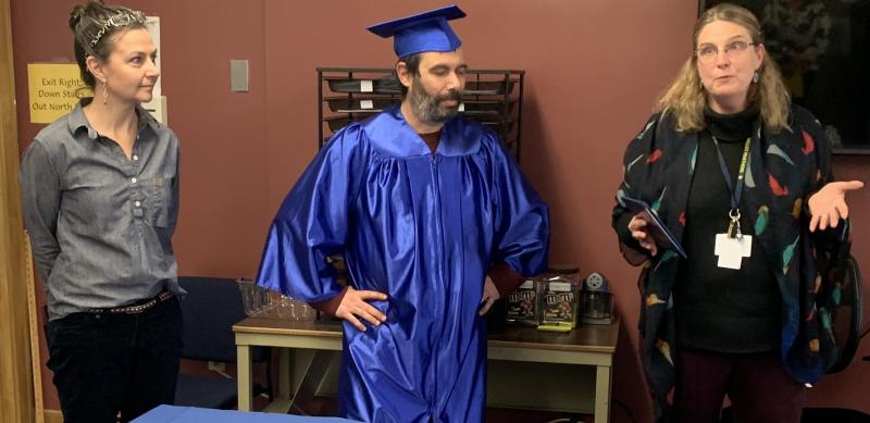 Boothbay Region High School teacher Dr. Ingrid Merrill, left, and Adult Education Director Raye Leonard congratulate graduate Jordi Del Rio March 28 during an adult education graduation ceremony. BILL PEARSON/Boothbay Register
