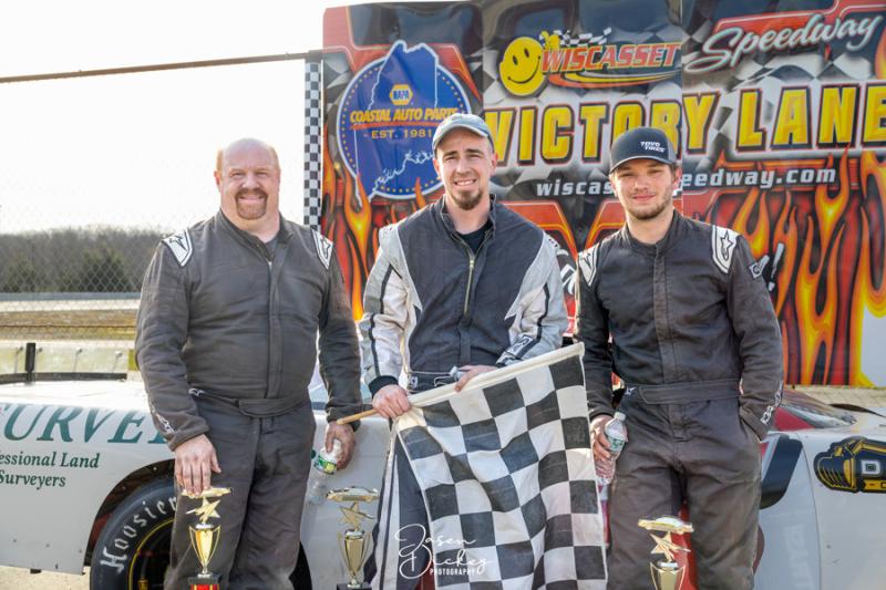 Late Model Victory Lane, from left: Shane Clark, Frank Moulton and Brett Osmond. Jasen Dickey Photography