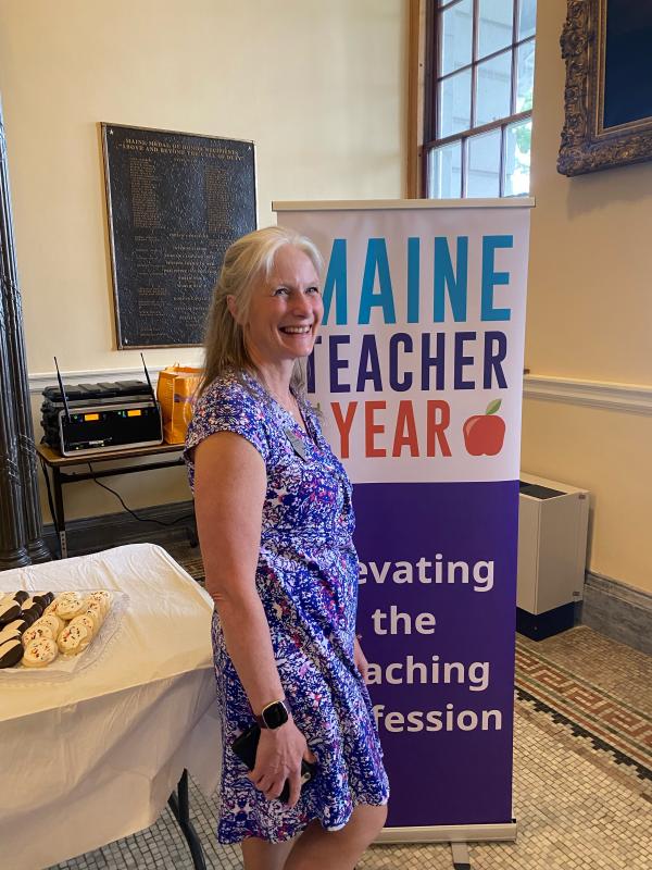 WES teacher Becky Hallowell at the Hall of Flags in Augusta just before she was named Lincoln County teacher of the year. Kim Andersson photo