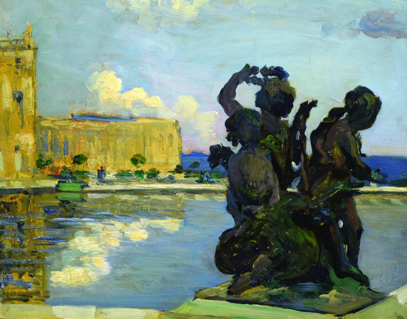 Einar Wegener, "Reflecting Pool, Versailles," oil on panel, 12.5" x 16” at Wiscasset Bay Gallery, now in its 40th year! Courtesy of the Wiscasset Bay Gallery Einar Wegener