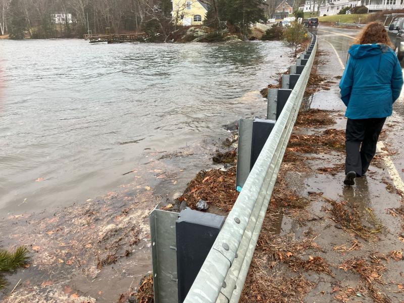The West Harbor Pond causeway at the height of the Jan. 13 storm surge. Courtesy of Mike Breen, WHPWA