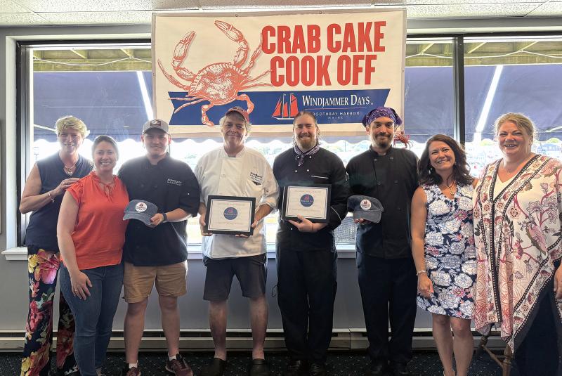 Congrats to all! WJD committee members and chefs, from left: Event committee members Caroline Gluek and Stephanie Branch; Mine Oyster Chefs Evgeny Uchaev and Ralph Smith; Brady’s Chef John Asendorf and James Leonard; event committee member Michele Barter, and Boothbay Harbor Region Chamber of Commerce Executive Director Lisa Walby. Cherie Scott photo