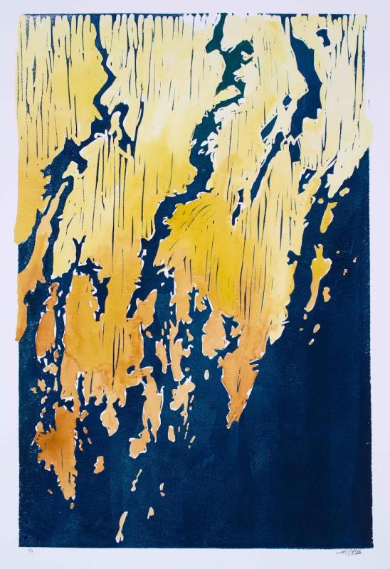 Woodcut by Molly Brown, “Boothbay Region and Damariscotta River.” Courtesy of Kerr+Jones Gallery Molly Brown