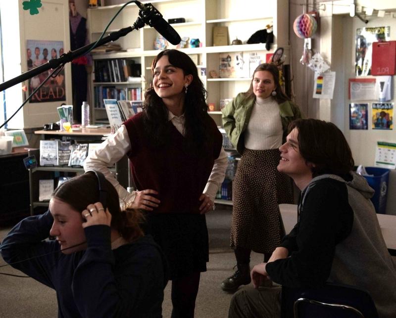 From left, Lila Drewes (extra), Sophia Scott (Willow), Kayla Cruz (Ava), Benno Hennig (Ethan) - a light moment shared, on set. Courtesy of Joy Braley