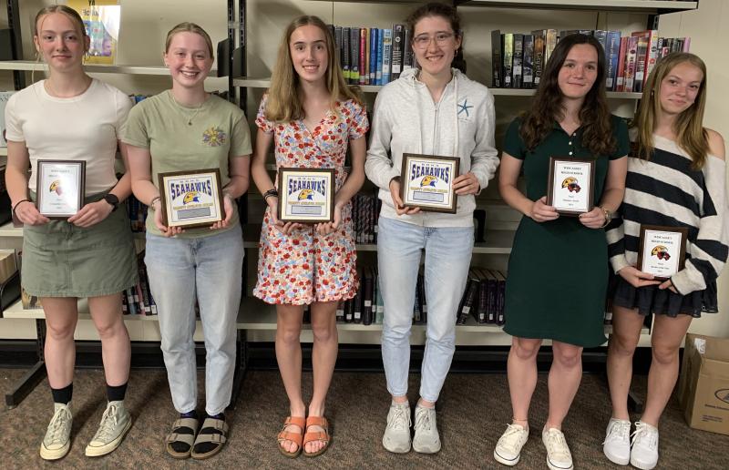 The Boothbay/Wiscasset track and field team held its team awards May 30 at Wiscasset Middle High School. Team awards went to, from left, Maddie Orchard, Competitor; Emily Gilliam, Coaches’, Karen Higgins, MVP; Julia Truesdell, Most Improved; Rose Campbell, Hammer; and Olivia Rittall, Rookie of the Year. BILL PEARSON/Boothbay Register
