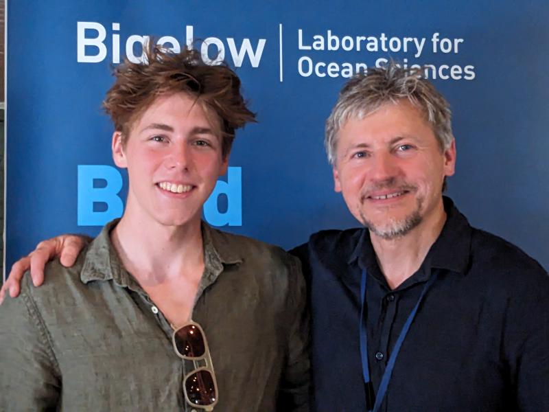Jonas Stepanauskas, left, was recognized by his father during the lecture. Jonas recently graduated from Lincoln Academy and plans to study engineering in college. CANDI JONETH/Boothbay Register