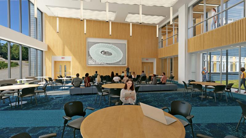 The center for ocean education and innovation will include additional laboratories, expanded teaching spaces, and a new 300-seat public forum, rendered here. Courtesy photo