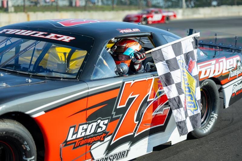 Branden Fowler celebrates his first Late Model win in over 4 years at Wiscasset. Jasen Dickey Photography