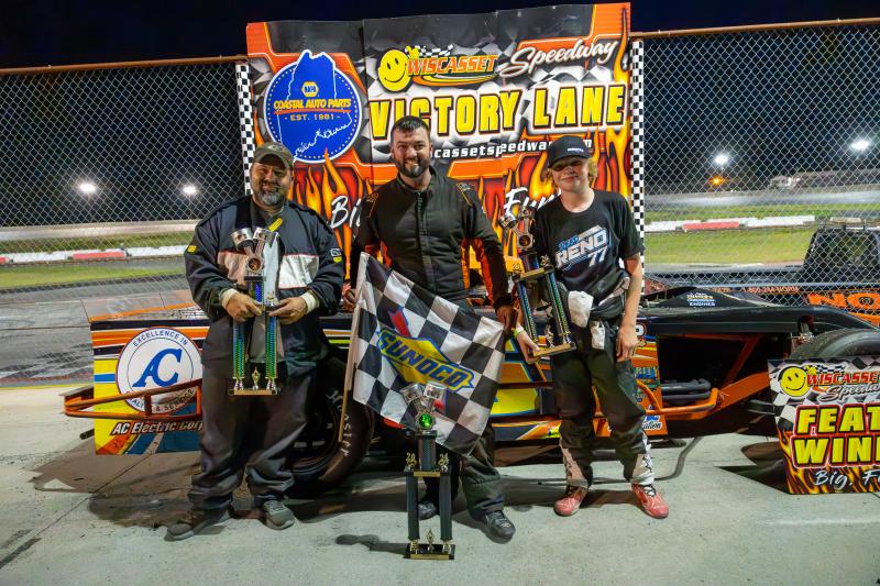 Modified Race #2 top 3, from left: Chuck Colby, Zach Bowie and Reed Reno. Jasen Dickey Photography