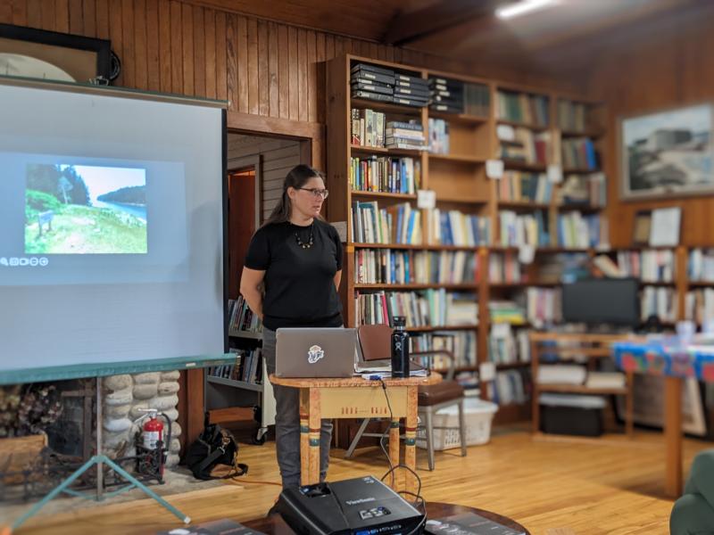 Maine Poet Laureate Julia Bouwsma presents “Midden,” a collection of poems about Malaga Island history, at Popham Beach Library. CANDI JONETH/Boothbay Register