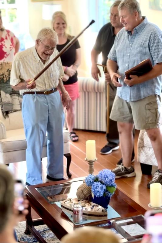 Courtesy of Richard Shepard Happy recipient of Boothbay Harbor’s Boston Post Cane is Dr. Barclay Shepard. Courtesy of Richard Shepard