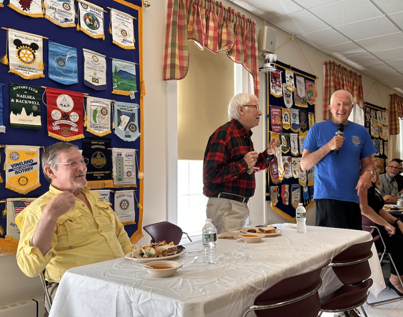 Camden Rotarian Graham Phaup (at right) introduced special guests Chris Practht, a member of the Camden, South Carolina, Rotary Club, and his friend Gordon McLeod.