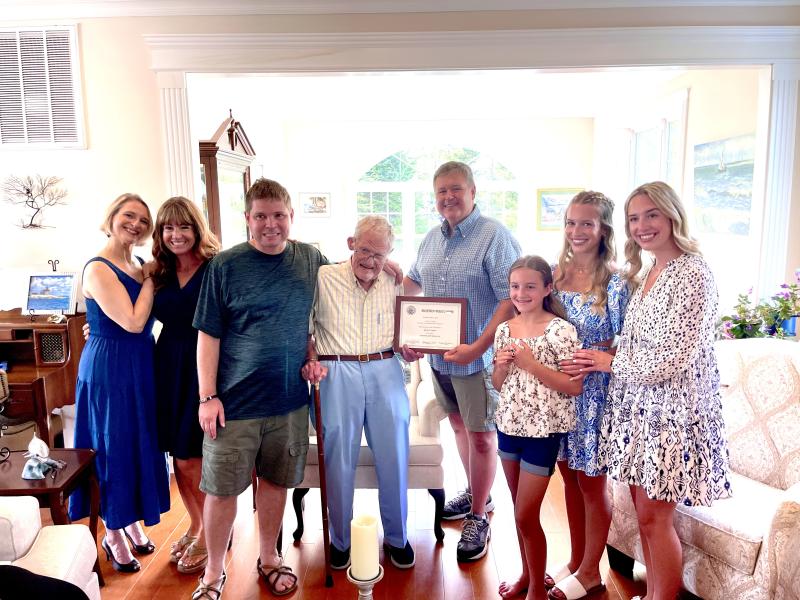 Dr. Barclay Shepard poses with his family and Boothbay Harbor selectman Mike Tomko at the Boston Post Cane presentation. Courtesy of Richard Shepard Happy recipient of Boothbay Harbor’s Boston Post Cane is Dr. Barclay Shepard. Courtesy of Richard Shepard