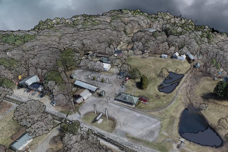 A digital image of Boothbay Railway Village Museum, compiled from photography and LiDAR data collected by a drone. The image represents millions of data points that create the 3D rendering. Image courtesy of Nicholas Plumer