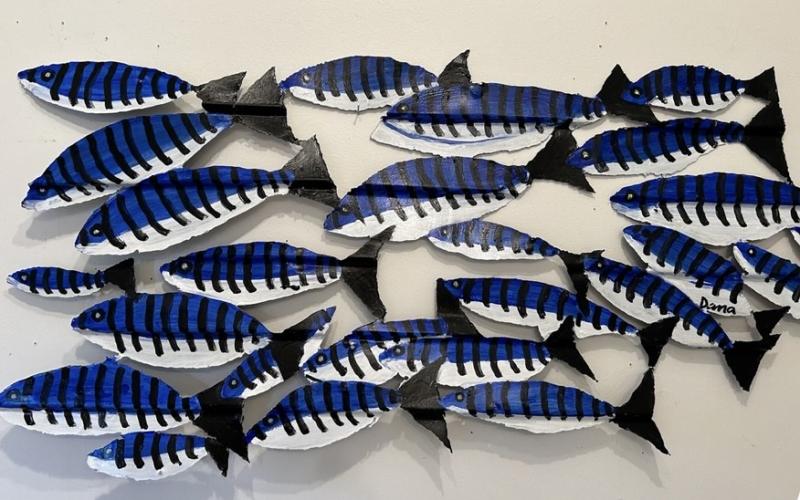 Dana Moses’ tin fish and other work will be exhibited at Southport Memorial Library September and October Courtesy of the artist Dana Moses