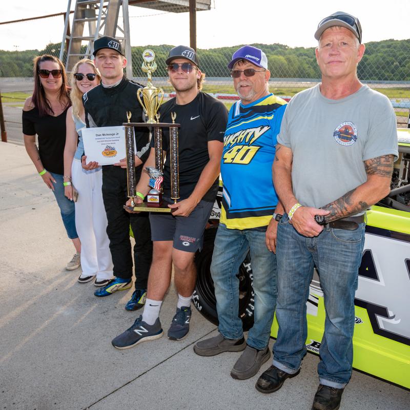 Dan McKeage Jr., driver of the month, from left: Laura McKeage, Savanna Kennedy, Dan McKeage, Jr., Shawn McKeage, Lyman McKeage and Dave Charest. Courtesy of David Montgomery/Mainemmonty Media