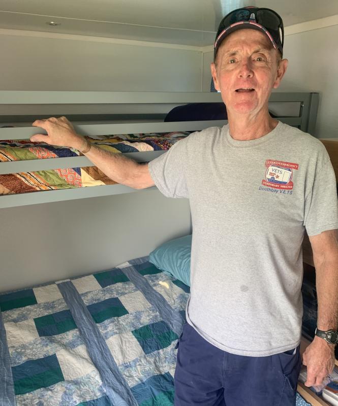 Vietnam veteran and V.E.T.S. Inc. volunteer Chris Goodwin provided guided tours of the new mobile campers being provided to homeless veterans. BILL PEARSON/Boothbay Register