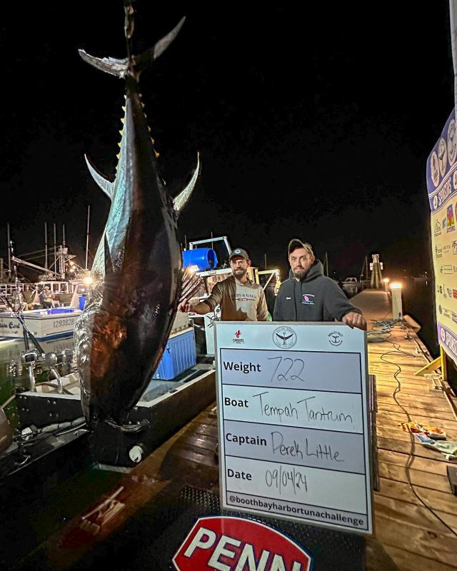 The crew of Tempah Tantrum who won third place with their 722-pound tuna. They also won the overall weight category, catching 1,756 pounds of fish. Courtesy of Boothbay Harbor Tuna Challenge