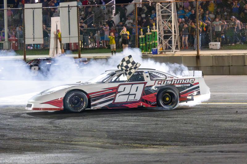 Austin Teras does a burnout on the frontstretch after winning the $15,000 to win Boss Hogg 150. Jasen Dickey Photography