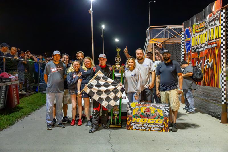 Austin Teras and his team celebrate together in Victory Lane after picking up the Boss Hogg 150 victory. Jasen Dickey Photography