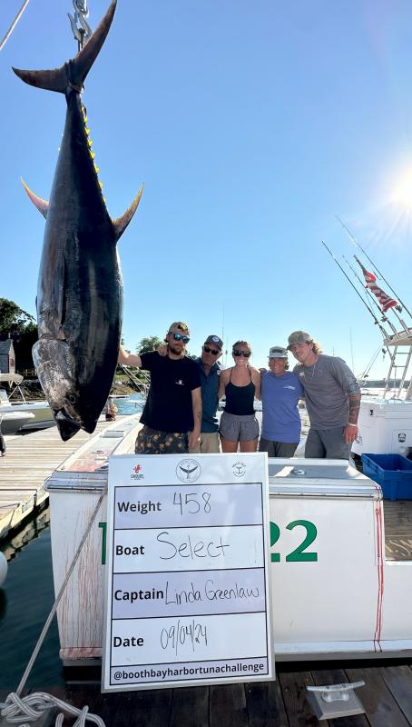 Maine fishing celebrity Linda Greenlaw, second from right, was the first female captain in the Boothbay Harbor Tuna Challenge. Courtesy of Boothbay Harbor Tuna Challenge