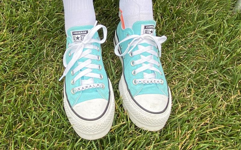 Even shoelaces are decorated with support for presidential nominee Kamala Harris
and her running mate Tim Walz. ISABELLE CURTIS/Boothbay Register