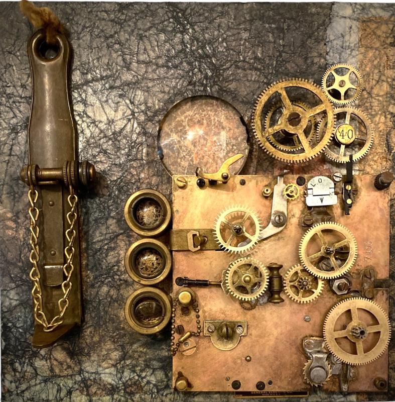 Inner Workings is a piece of 10" x 10" x 2.5" assemblage art by Kharris B of Bath, Maine. Courtesy photo workings