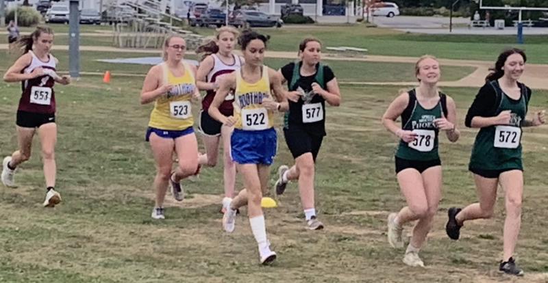 Seahawk girls near the starting line at their home meet Sept. 20. BILL PEARSON/Boothbay Register A group of cross-country runners