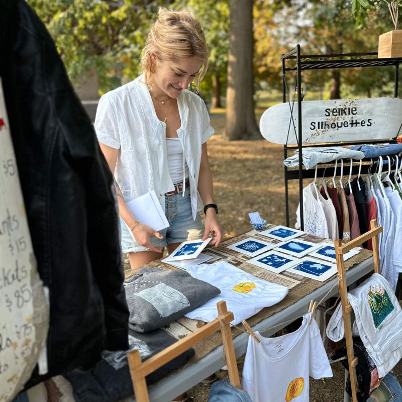 Callie Rhodin sells hand carved prints, hand painted upcycled clothing and other one-of-a-kind creations as selkie silhouettes in Portland, Maine. Courtesy photo market