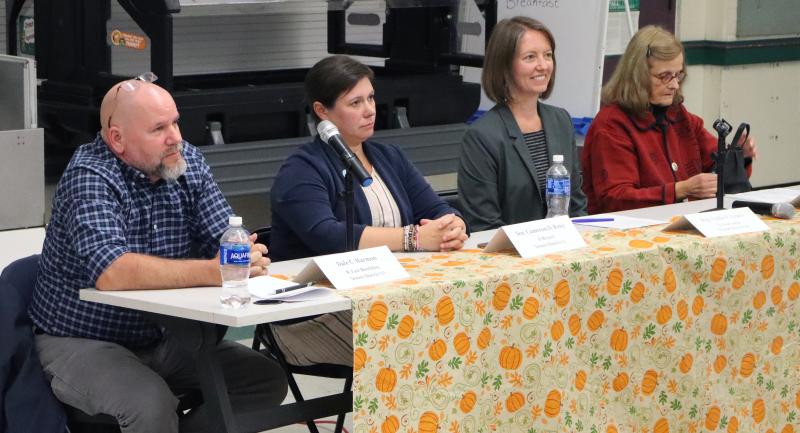 From left: Senate District 13 candidates Dale Harmon, R-East Boothbay, and Sen. Cameron Reny, D-Bristol, and House District 46 candidates Rep. Lydia Crafts, D-Newcastle, and Mary Lou Daxland, R-Newcastle, listen to a question during a candidates forum at Great Salt Bay Community School in Damariscotta the evening of Thursday, Oct. 10. Piper Pavelich photo Candidates
