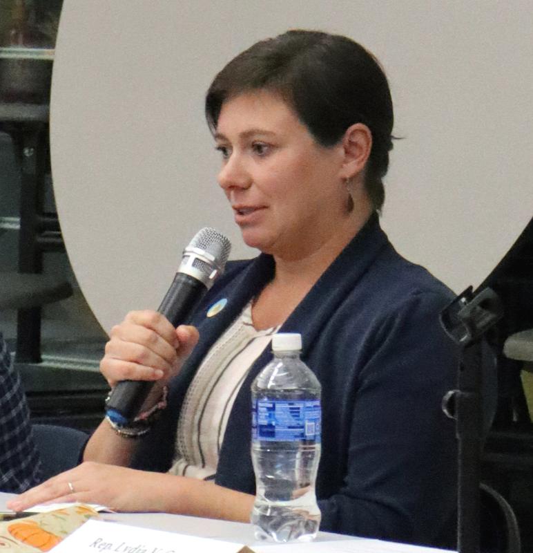 Sen. Cameron Reny, D-Bristol, addresses concerns constituents have brought to her during a forum at Great Salt Bay Community School in Damariscotta the evening of Thursday, Oct. 10. Reny said concerns include rising property taxes and the cost of living. Piper Pavelich photo Cameron Reny