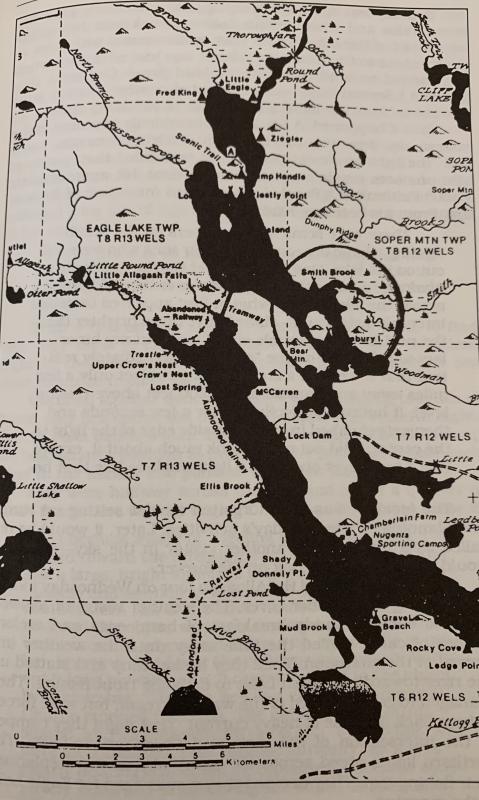 Allagash Waterway with site of abduction circled. Allagash Waterway topographical map