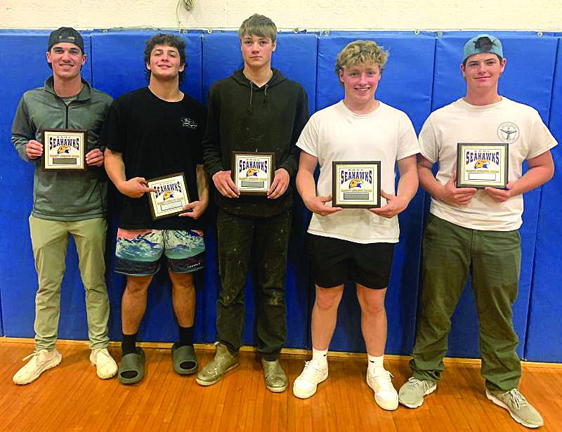 Boothbay football recognized six of its top performers Nov. 6 for the past season. Pictured, from left, Aidric Canada, Defensive Player of the Year; Maddox Cusumano, Most Valuable Player; Spencer Wenners, Most Improved Player; Tyson French, Offensive Player of the Year; and Griffin Yereance, Lineman of the Year. Not pictured, Shawn Gamage, Coach's Award. BILL PEARSON/Boothbay Register Awards ceremonh