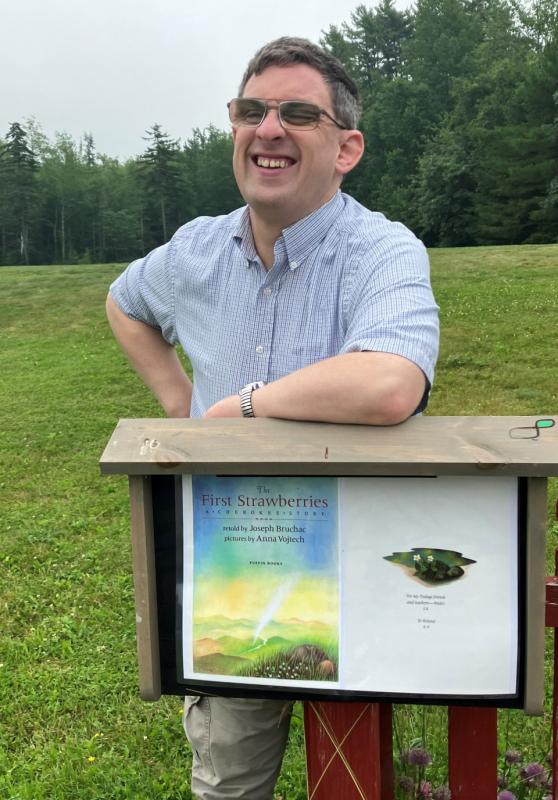 Matt Brough with one of the Story Walk Houses Mobius built and installed at Medomak Valley High School. ECB photo Matt Brough with one of the Story Walk Houses Mobius built and installed at Medomak Valley High School.